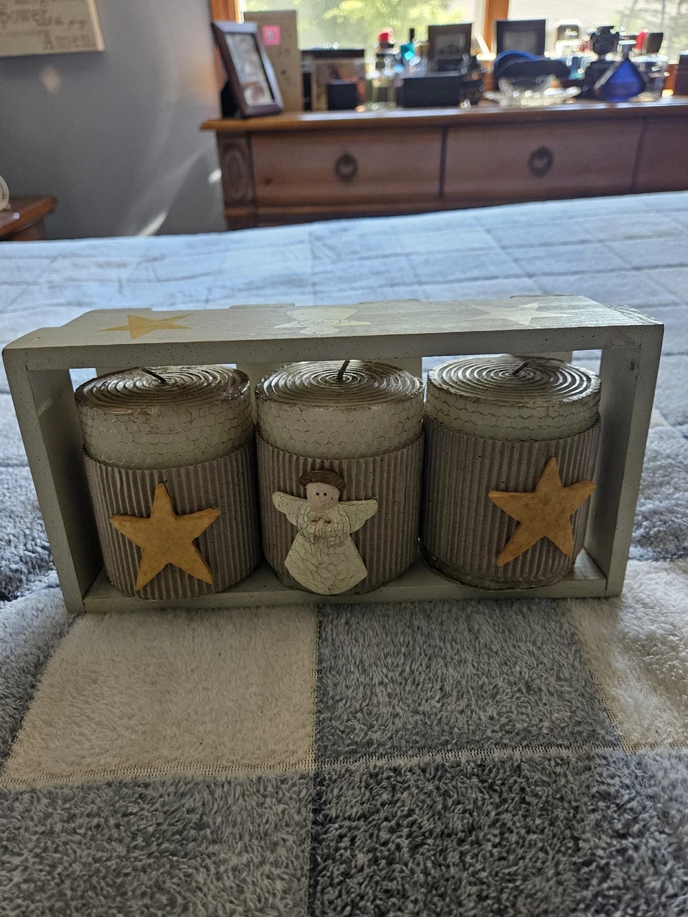 Decorative Cream Candle Trio with Yellow Star Accents And Angel
